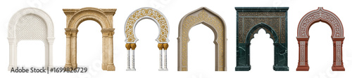 Ornate architectural arch set including Islamic, Moorish, and classical styles isolated. Decorative design elements for heritage projects.