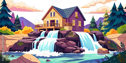 Rustic wooden cabin built over waterfall rocks, unique architecture with flowing water surrounding house