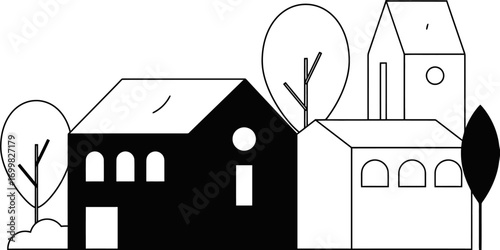 Minimalist black and white houses trees village town architecture building simple design illustration graphic art vector art illustration and png sticker