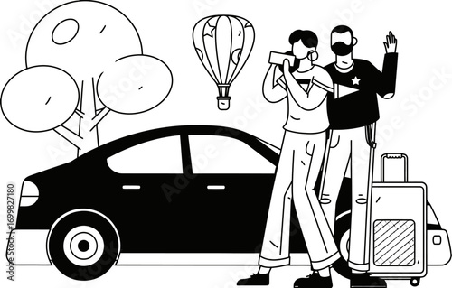 Traveling couple car trip adventure tourism vacation photography luggage balloon tree black and white minimal vector art illustration and png sticker