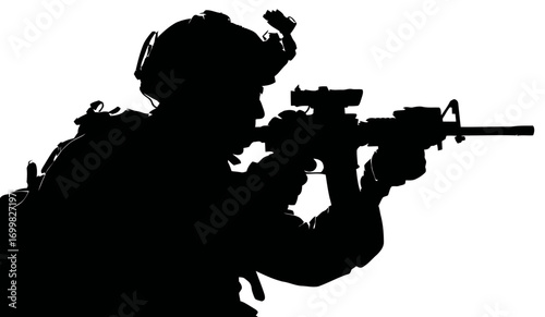 Silhouette of tactical soldier aiming rifle with helmet and gear on white background