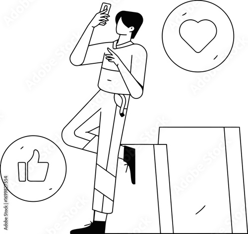 Man using phone social media like heart thumb up communication connection online network sharing photo app 100 vector art illustration and png sticker