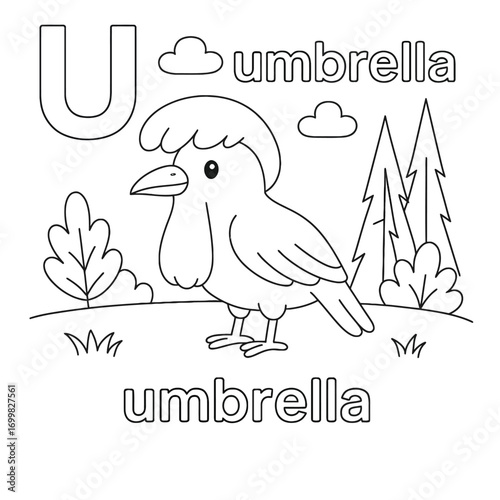 A coloring page featuring the letter u, an umbrella bird, trees, and the word umbrella