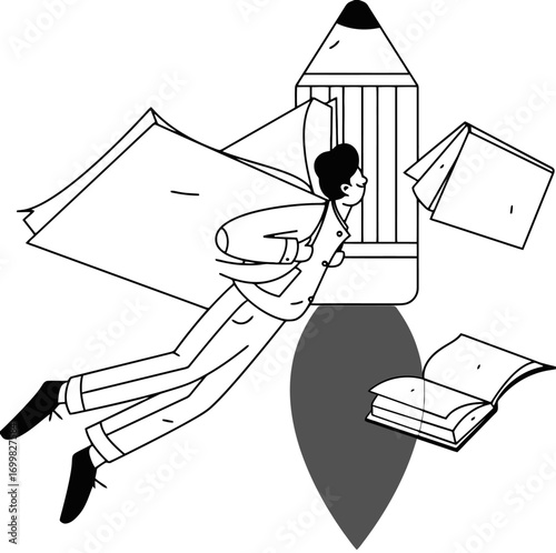 Illustration man flying pencil rocket books education learning knowledge success growth startup vector art illustration and png sticker