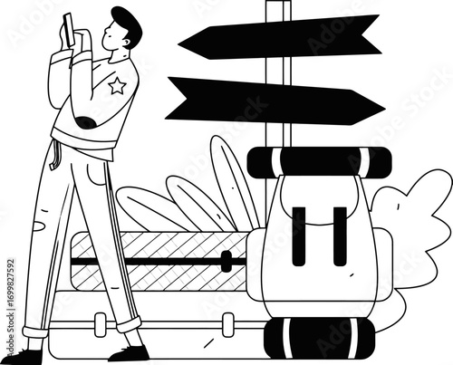 Illustration of man with phone backpack suitcase travel luggage vacation tourism adventure trip journey vector art illustration and png sticker