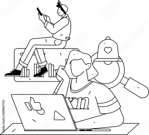 Social media marketing digital strategy seo analytics online business content management engagement growth tips vector art illustration and png sticker