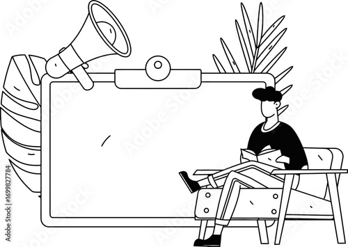 Clipboard megaphone man reading book chair plant promotion announcement message advertising vector art vector art illustration and png sticker
