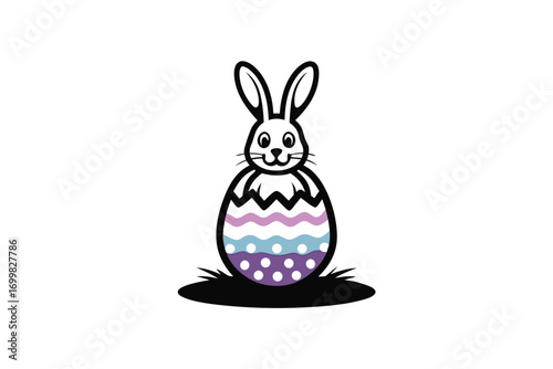 Silhouette Cute Bunny in Egg Illustration, Festive Cartoon on White Background