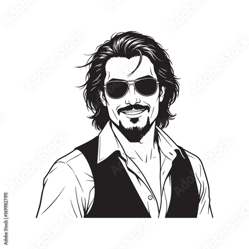 Stylish man with long hair, beard, and sunglasses. Black and white vector line art portrait. Cool and confident male character illustration.
