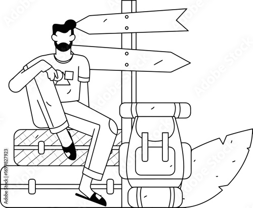 Adventurous man with luggage and backpack sits at a crossroads sign, contemplating his next journey, embodying wanderlust and the excitement of exploration.
