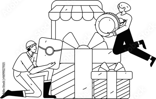 Enthusiastic entrepreneurs collaborate to build a thriving marketplace, celebrating success with a giant coin symbolizing wealth and opportunity for business growth and achievement.