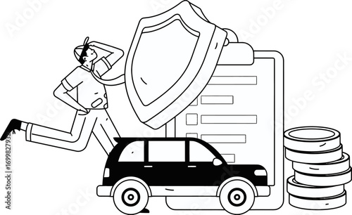 Worried driver frantically securing auto insurance policy with shield protection and stacked coins, emphasizing financial security and peace of mind for car owners.