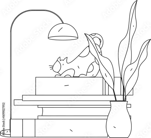 Cat books plant lamp vector illustration animal pet feline reading study home decor minimalist design art vector art illustration and png sticker