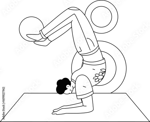 Dynamic woman mastering advanced yoga pose with graceful strength, embodying balance and mindful movement in a serene, minimalist studio setting.