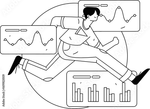 Running man data analysis graphs charts business analytics performance growth report progress dashboard 100 vector art illustration and png sticker