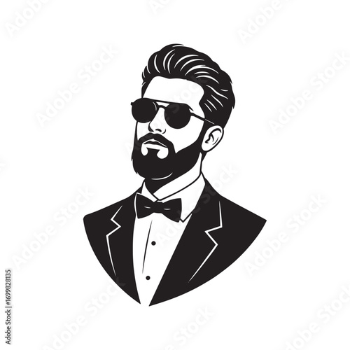 Handsome bearded man in a tuxedo and sunglasses. Cool gentleman with a bow tie, black and white vector portrait for fashion or formal events.
