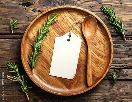 Wallpaper Mural Rustic wooden kitchenware with rosemary and blank tag on aged wood backdrop Torontodigital.ca