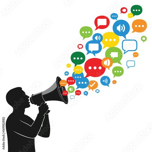 Silhouette of a person holding a megaphone, with colorful speech bubbles and icons emerging from it, representing communication and ideas.
