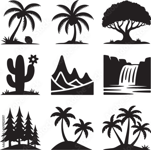 Assortment of Black Silhouettes of Tropical and Mountainous Landscapes nature tree