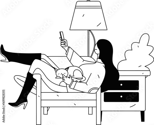 Relaxed woman scrolling on phone with cat napping peacefully on lap in cozy armchair near lamp and side table, creating a serene home comfort scene.