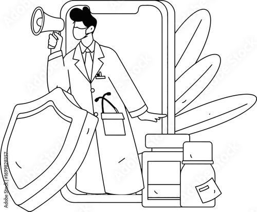 Confident doctor with megaphone announcing vital health news and protection with shield and medicine, conveying urgent medical care and safety through digital platform.