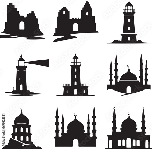 Collection of Silhouetted Architectural Landmarks and Lighthouses architecture ruins