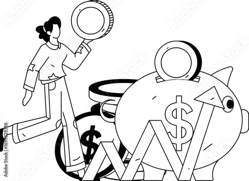 Confident person depositing coin into dynamic piggy bank symbolizing financial growth and investment success with upward trending charts and dollar signs