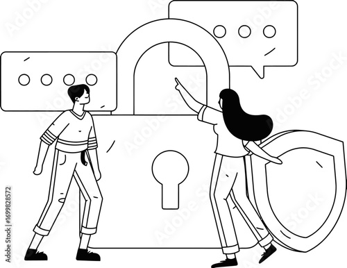 Protecting digital information with secure access and data privacy, two people collaborate near a large unlocked padlock and shield icon