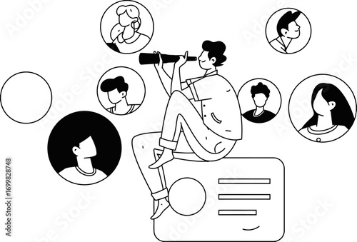 Dynamic professional using telescope to scout potential clients and talent from diverse network, visualizing growth opportunities with innovative approach