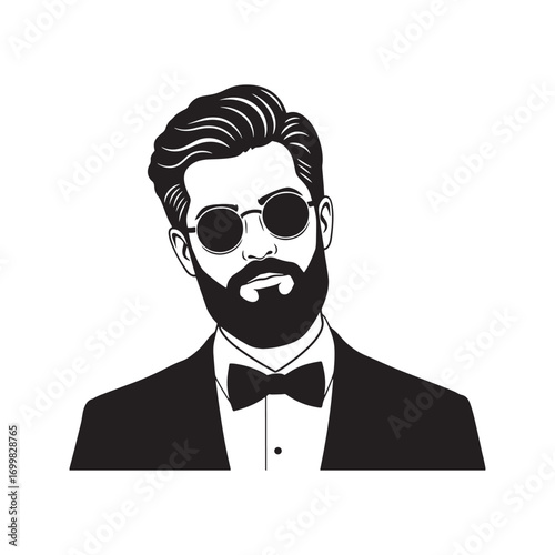 Handsome bearded man in a tuxedo and sunglasses. Cool gentleman with a bow tie, black and white vector portrait for fashion or formal events.
