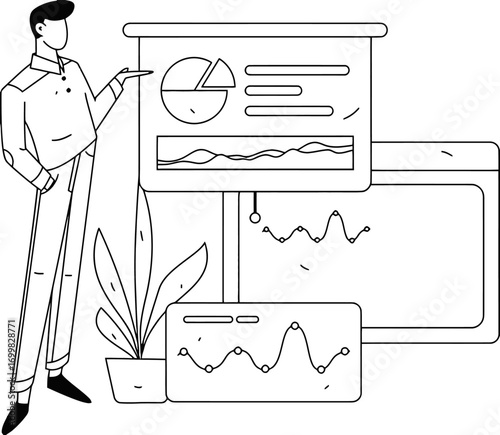 Confident professional presenting dynamic business data and growth charts on screen, showcasing strategic planning and analytical insights for modern corporate success
