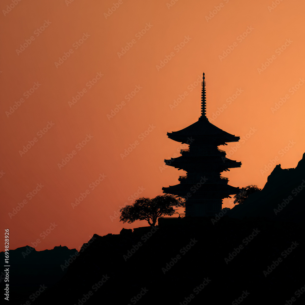 Fototapeta premium Silhouette of a traditional pagoda against a vibrant sunset, surrounded by distant mountains, creating a serene atmosphere ideal for travel and cultural exploration themes