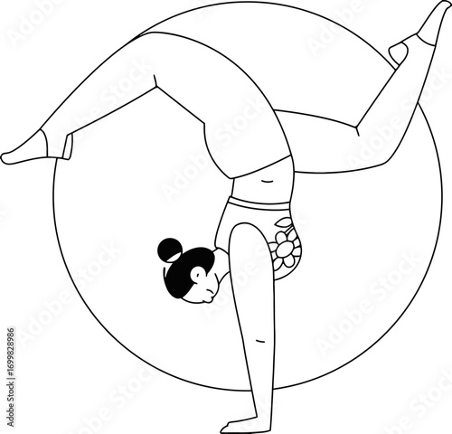 Dynamic woman gracefully performing a handstand in a stylized circular frame, showcasing balance, strength, and mindful movement for wellness and fitness inspiration.