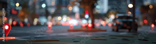 Blurry Cityscape with GPS Pins and Location Markers.