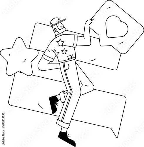 Energetic man collecting social media likes and hearts, celebrating online engagement and digital connections with a vibrant, modern style, perfect for marketing campaigns.