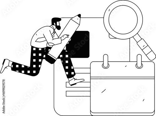 Dynamic professional actively creating and analyzing important business documents with magnifying glass and calendar for deadline management, perfect for project planning and research presentations