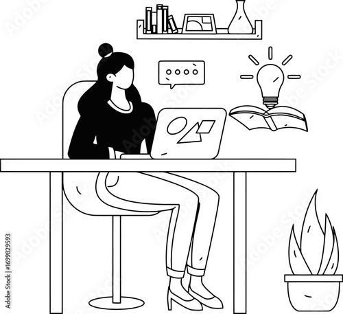 Focused professional woman working diligently on laptop at modern desk surrounded by symbols of innovation and learning, sparking bright ideas for business success and knowledge acquisition