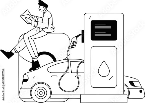 Dynamic entrepreneur checking important documents while car refuels at modern gas station, symbolizing efficient business operations and travel.
