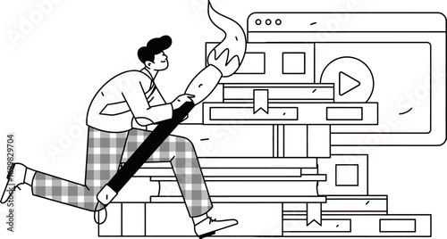 Dynamic designer actively creating digital content with paintbrush and laptop, showcasing innovative storytelling and creative process for modern media projects
