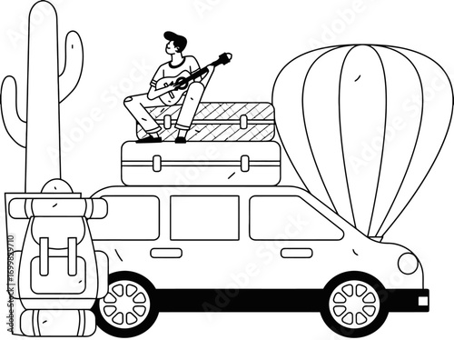 Adventurous traveler plays guitar atop packed car with luggage, cactus, and hot air balloon ready for an epic road trip adventure across scenic landscapes