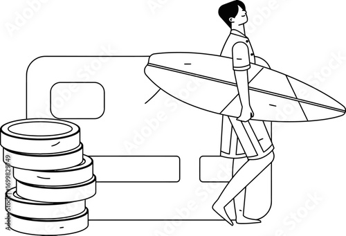 Young person with surfboard and coins near credit card symbolizes modern lifestyle financing, vacation budget planning, and leisure spending choices
