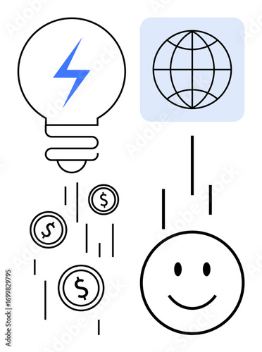 Lightbulb with lightning, coins representing profit, a world globe for global impact, and a happy face. Ideal for innovation, technology, business growth, sustainability, global reach happiness