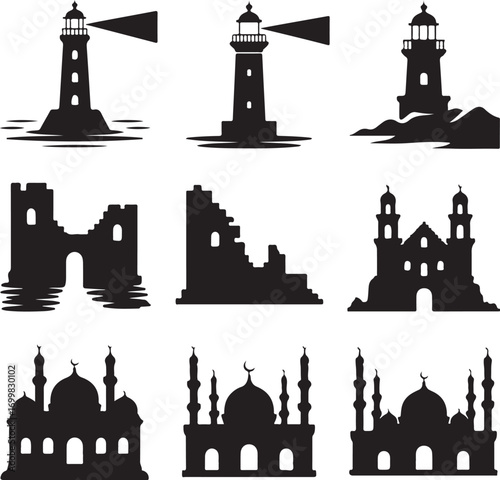 Collection of lighthouse, castle ruins and mosque silhouette icons Keywords: lighthouse, beacon