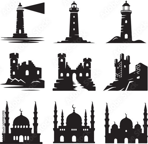 Collection of lighthouse, castle ruins and mosque silhouette icons Keywords: lighthouse, beacon