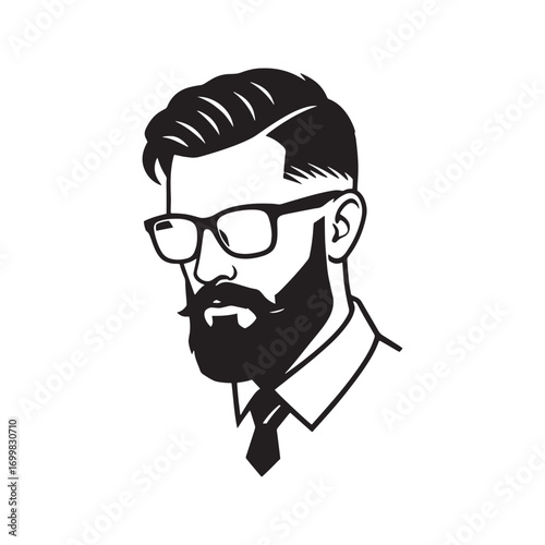 Stylized portrait of a bearded man with glasses. Hipster face vector icon for a modern logo or avatar. Professional male silhouette illustration.
