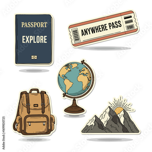 Collection of vintage-style travel stickers featuring a passport, ticket, globe, backpack, mountains, and sun.
