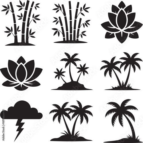 Collection of nine black silhouette nature and weather icons bamboo lotus
