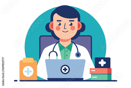 Smiling Cartoon Doctor Holding Smartphone Isolated on White Background