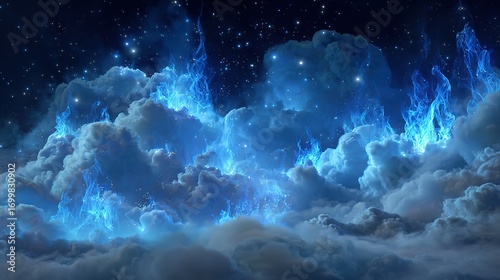 Blue fire clouds and smoke with stars fantasy background, cloud-shaped flames floating above white mist surreal scene