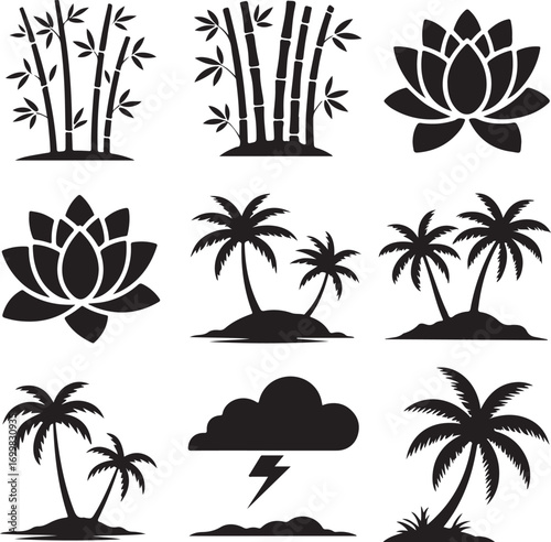 Collection of nine black silhouette nature and weather icons bamboo lotus